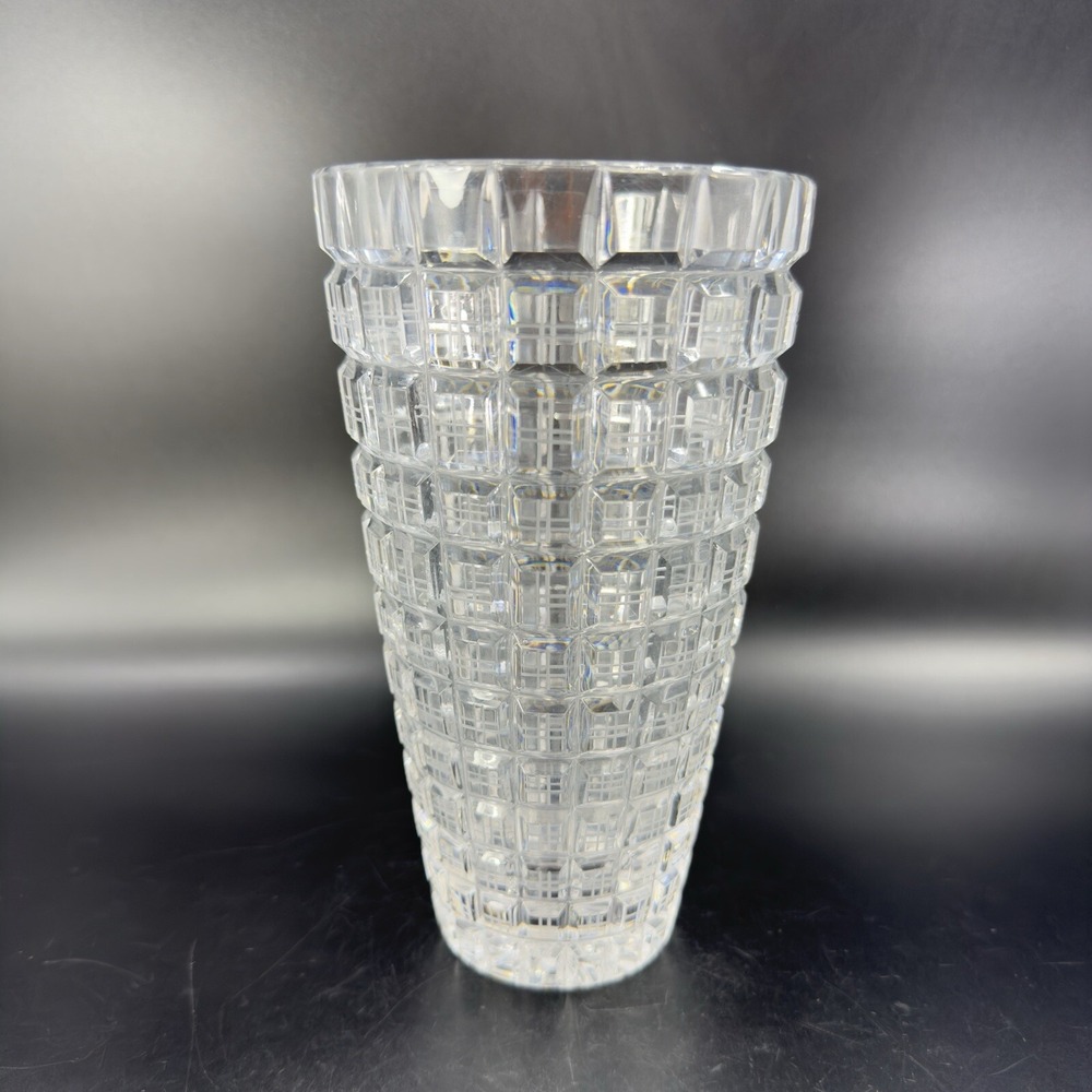 Lausitzer Bleikristall Crystal Glass Vase 1980s Germany Clear Cube Pattern 7in